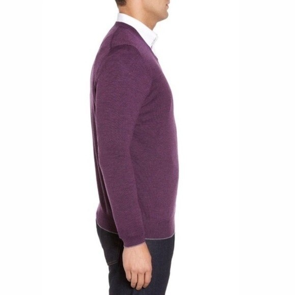 Thomas Dean Sweater Mens XL Purple Extrafine Merino Wool Blend V Neck - Picture 5 of 12